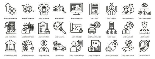 Anlagegut Verwaltung Symbol Satz. enthält eine solche Symbole wie Prüfung, Investition, Geschäft, Stabilität und mehr, können Sein benutzt zum Netz vektor