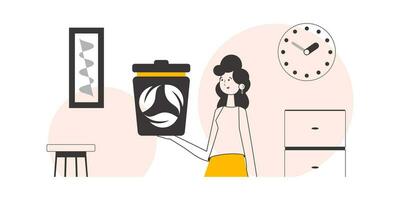 ein Frau ist halten ein Müll dürfen. das Konzept von Recycling Plastik und Abfall. lineart modisch Stil. vektor