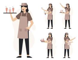 Satz Kellnerin in Zeichentrickfigur verschiedene Aktionen Vektor