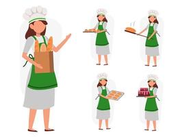 Satz weiblicher Bäcker in Zeichentrickfigur verschiedene Aktionen Vektor