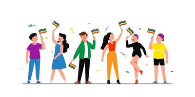 lgbtq-Community. glücklich umarmende junge Leute mit einer LGBT-Regenbogenflagge Gruppe von Schwulen, Lesben, Bisexuellen und Transgender-Aktivisten. flache bearbeitbare Vektorillustration, ClipArt clip vektor