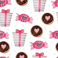 Valentinstag nahtlose Muster mit Geschenken, Schokolade, Kuchen. perfekt für Tapeten, Webseitenhintergrund, Textilien, Grußkarten und Hochzeitseinladungen vektor