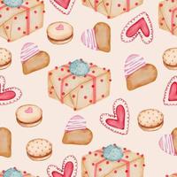 Valentinstag nahtlose Muster mit Herz, Geschenken, Cupcakes und mehr. perfekt für Tapeten, Webseitenhintergrund, Textilien, Grußkarten und Hochzeitseinladungen vektor