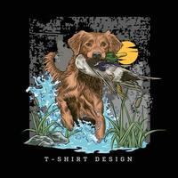 Jagd Hund T-Shirt Design fangen Enten im ein Sumpf vektor