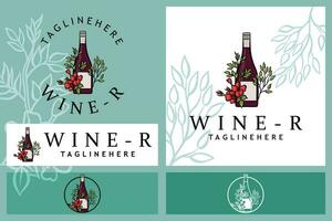 Vektor Illustration einstellen von Alkohol Flaschen Kombination von Blumen und Gläser, Wein Logo
