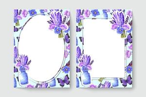 botanische Karte mit lila Blüten, Blättern, Glas. Frühling Ornament Konzept. Blumenplakat, einladen. Vektor-Layout dekorative Grußkarte oder Einladung Design-Hintergrund. handgezeichnete Illustration vektor