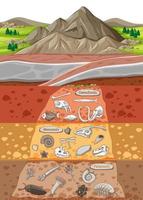 scen med olika djurben och dinosaurier fossil i jordlager vektor