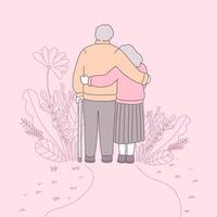 Zwei Großeltern mit langen Ärmeln gingen zusammen in einem Blumengarten spazieren. vektor