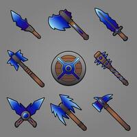 tecknade vapen ikoner set med färgglada svärd, kniv, svärd, sköld gjord för speldesign isolerad vektorillustration vektor