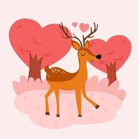 Hirschbaby-Charakter verlieben sich, niedlicher Cartoon-Hirsch mit Blume auf einem rosa Hintergrund mit Liebesbaum vektor