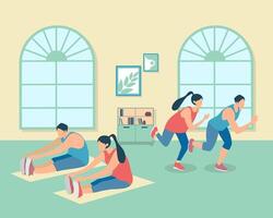 gesunde junge gruppe von menschen, die yoga praktizieren. Vektor-Illustration. Training, Bewegung, Fitness, Indoor, Meditation, Lifestyle, Konzept zu Hause bleiben vektor