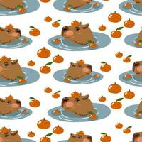 Capybara schwimmt im Wasser mit Mandarinen nahtlos Muster. das Tier ist Schwimmen und nur das Kopf ist sichtbar. Textur von Baby Stoff, Karikatur, süß Charakter auf ein Weiß Hintergrund mit Mandarinen vektor