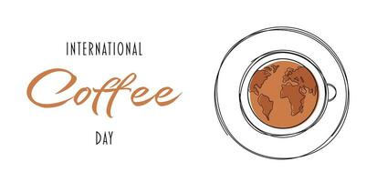 Kaffee Tasse mit Planet Erde im Gekritzel Stil. International Kaffee Tag Hintergrund. geeignet zum Banner, Gruß Karten, Poster, Logo, Symbol oder Vorlage. horizontal Banner. vektor