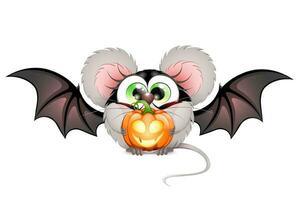 süß Karikatur komisch Maus Mädchen im Halloween Schläger Kostüm mit Flügel und Kürbis im Hände. vektor