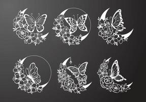 halvmåne med dekoration för fjäril och blommor vektor