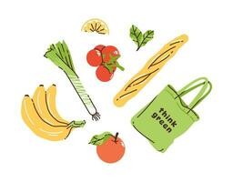 Sammlung, einstellen von umweltfreundlich Einkäufe. verschiedene Früchte und Gemüse. kein Verlust Einkaufen. Nachhaltigkeit beim Zuhause vektor