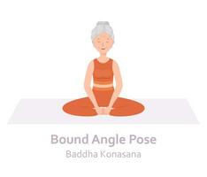 gebunden Winkel Yoga Pose. badda Konasana. Alten Frau üben Yoga Asanas. gesund Lebensstil. eben Karikatur Charakter. Vektor Illustration