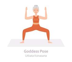 gudinna yoga utgör. utkata konasana. äldre kvinna praktiserande yoga asana. friska livsstil. platt tecknad serie karaktär. vektor illustration