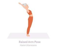 Uppfostrad ärm yoga utgör. hasta uttanasana. äldre kvinna praktiserande yoga asana. friska livsstil. platt tecknad serie karaktär. vektor illustration