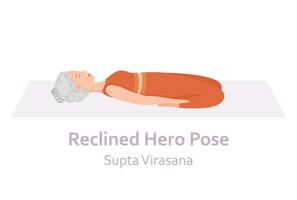 tillbakalutad hjälte yoga utgör. supta virasana. äldre kvinna praktiserande yoga asana. friska livsstil. platt tecknad serie karaktär. vektor illustration