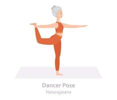 dansare yoga utgör. natarajasana. äldre kvinna praktiserande yoga asana. friska livsstil. platt tecknad serie karaktär. vektor illustration
