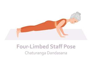 fyrbent personal yoga utgör. chaturanga dandasana. äldre kvinna praktiserande yoga asana. friska livsstil. platt tecknad serie karaktär. vektor illustration