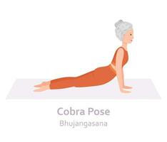 kobra yoga utgör. bhujangasana. äldre kvinna praktiserande yoga asana. friska livsstil. platt tecknad serie karaktär. vektor illustration