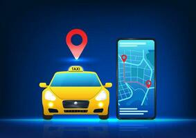 Smartphone Technologie ein Handy, Mobiltelefon Telefon mit ein Karte auf das Seite zeigen das Ort von das Taxi auf das Seite. es verweist zu das Technologie von Buchung ein Taxi zu wählen Sie oben beim Ihre Ziel vektor