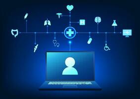 medizinisch Technologie Laptop mit medizinisch Symbole es zeigt an Das Patienten können Kontakt zu konsultieren Über ihr Symptome durch das Kommunikation System stattdessen von Kommen zu das Krankenhaus vektor
