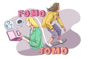 fomo och jomo koncept. rädsla för att missa, glädje att missa vektor