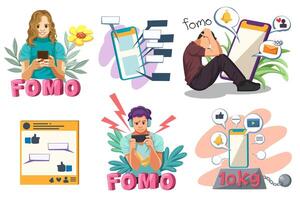 Fomo- und Jomo-Konzept. Angst, etwas zu verpassen, Freude, etwas zu verpassen vektor