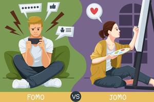 Fomo- und Jomo-Konzept. Angst, etwas zu verpassen, Freude, etwas zu verpassen vektor