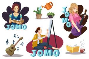 Fomo- und Jomo-Konzept. Angst, etwas zu verpassen, Freude, etwas zu verpassen vektor