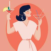 platt illustration av en flicka med en cocktail i henne hand med en glas i de stil av en platt illustration. ikon flicka med en glas vektor