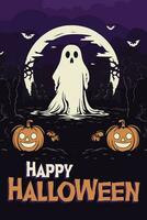 Lycklig halloween affisch fest inbjudan bakgrund med spöke och pumpor i vektor illustration. platt design stil, orange och violett Färg.