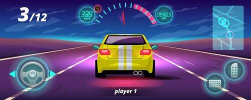 i spelkonkurrens fortsätter spelaren höghastighetsbil för att vinna i racingspel. tävling e-sport bil racing. vektor