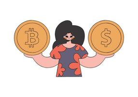 kvinna innehav bitcoin och dollar. karaktär trendig retro stil. vektor