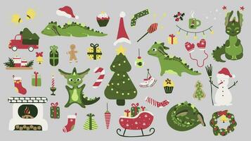 jul uppsättning med grön drakar. ny år klämma konst, klistermärken. dinosaurier. kinesisk ny år 2024 vektor