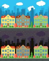Vektor Stadt mit zwei Geschichte Karikatur Häuser im das Tag und Nacht. Sommer- städtisch Landschaft. Straße Aussicht mit Stadtbild auf ein Hintergrund