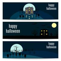 horizontal Banner einstellen mit einsam Haus auf das Hintergrund von das Mond und das Inschrift glücklich Halloween. Vektor Illustration