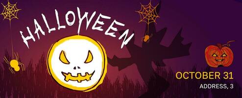 Vektor Halloween Hintergrund horizontal Banner mit Geist, Kürbis, Spinnen, trocken Baum, Gebüsch.