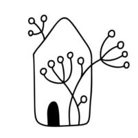 Öko Haus mit Blumen. einfach Kalligraphie Natur Vektor bio Symbol. Nachlass die Architektur Konstruktion zum Design. Kunst Zuhause Jahrgang Hand gezeichnet Logo Grün Garten Element