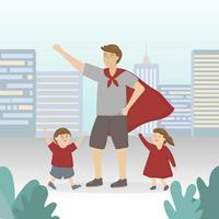 en far utklädd som en superhjälte för att leka med sina söner och döttrar för fars dag. vektor
