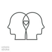 profiler med mental hälsa linje ikon. två mänsklig avatar och kärlek symbol. mindfulness, demens, neurologi problem logotyp piktogram. redigerbar stroke. vektor illustration design på vit bakgrund eps 10