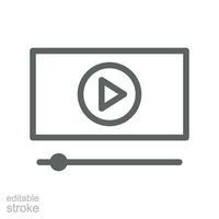 spela video linje ikon. media spelare knapp, digital bio skärm. strömning video teknologi, tittar på filma minimalistisk piktogram. redigerbar stroke vektor illustration design på vit bakgrund eps10