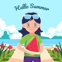 Eine Frau im Urlaub kommt zum Schwimmen an den Strand und sie trägt Wassermelonen zum Essen vektor