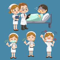 Satz Arzt mit Krankenschwesteruniform in Zeichentrickfigur vektor