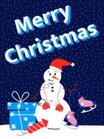 bunt Weihnachten Karte mit ein Schneemann im ein Santa claus Hut und Geschenke im ein eben Stil. Blau Hintergrund mit Schnee. vektor