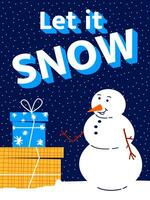 bunt Weihnachten Karte mit Schneemann und Geschenke im eben Stil. Blau Hintergrund mit Schnee.Poster mit Urlaub Text Lassen es Schnee. vektor