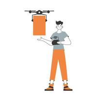 ein Mann liefert ein Paket durch Drohne. das Konzept von Ladung Lieferung durch Luft. linear Stil. isoliert auf Weiß Hintergrund. Vektor Illustration.